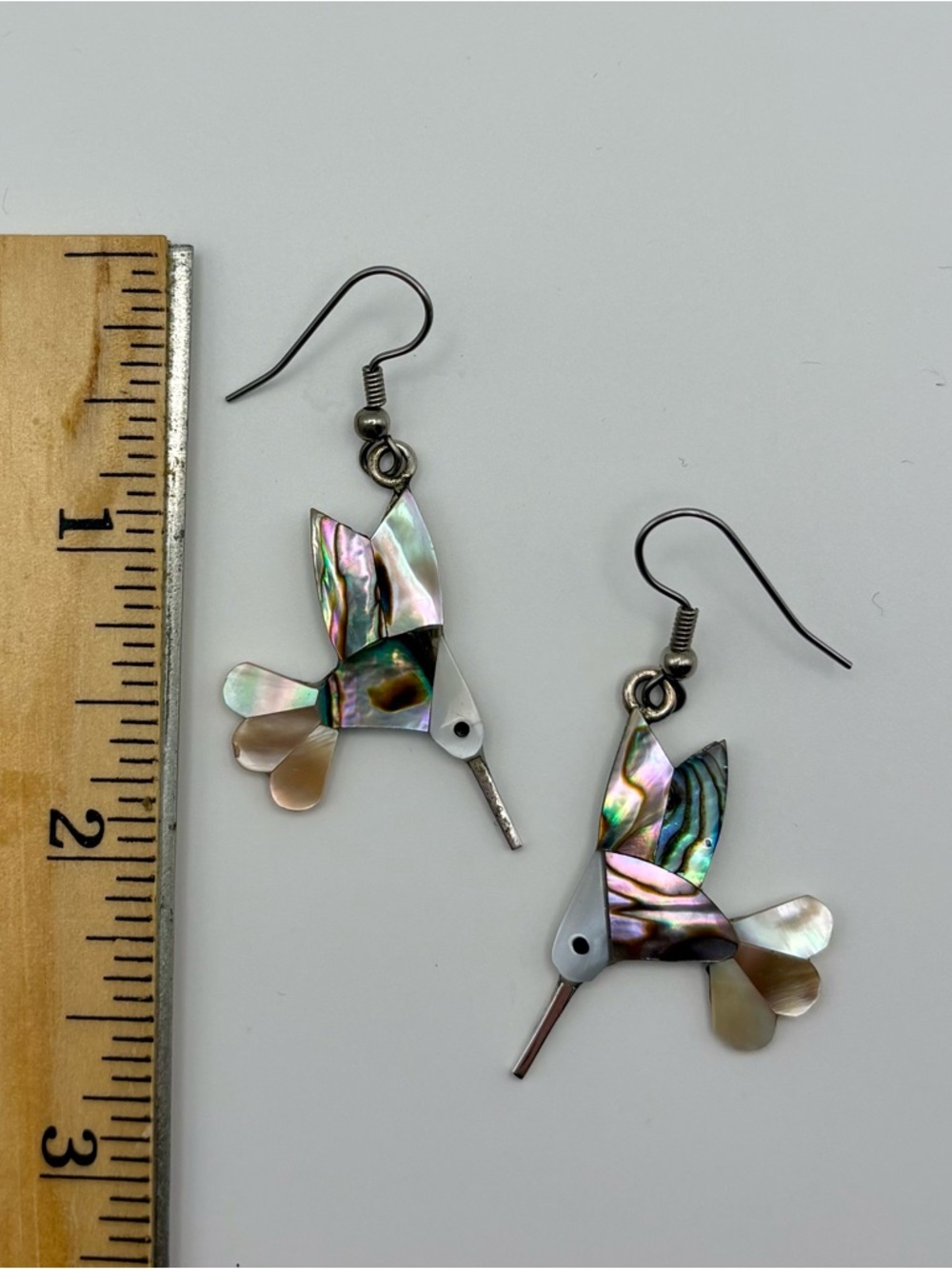 Handmade Alpaca Mexico Hummingbird Abalone and Mother of Pearl Dangle Earrings - Picture 3 of 5